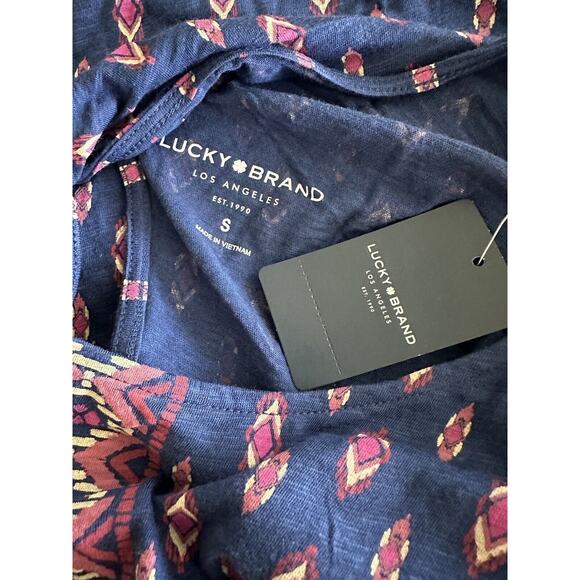 New Lucky Brand Ikat Blue Short Sleeve Twist Knot Back Keyhole Shirt Small - Picture 5 of 7